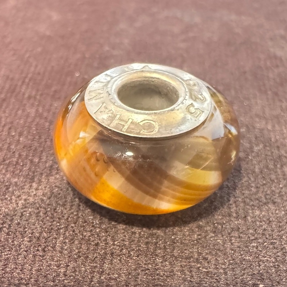 Chamilia 925 Sterling Silver Murano Glass Bead Charm Amber Brown Swirl